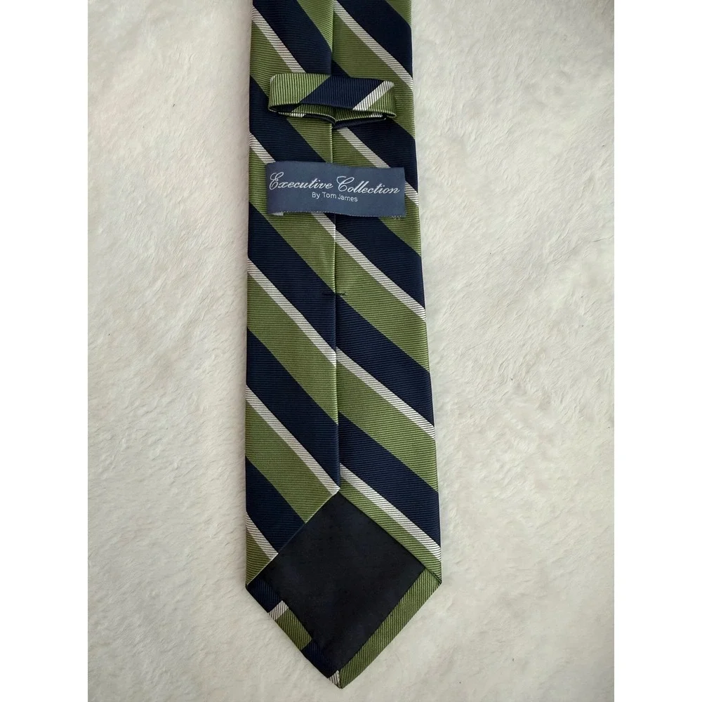 Tom James Executive Collection Silk Tie Navy Blue Olive Green Striped Mens
